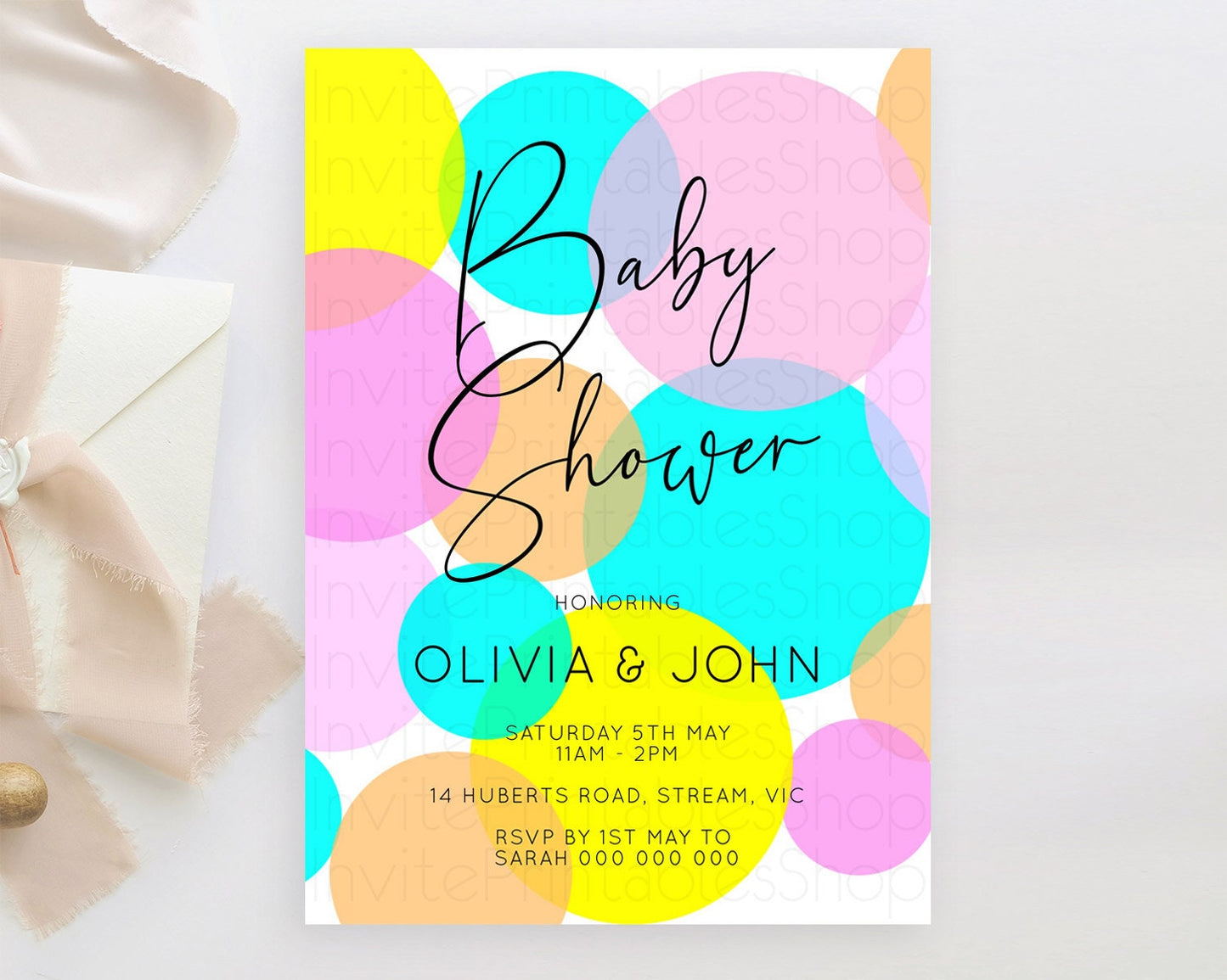Pastel Rainbow Baby Shower Invitation, Colorful Confetti, Sprinkles, Bubbles, Pastel Blue, Pink, Orange, Yellow Theme Gender Reveal D10896
