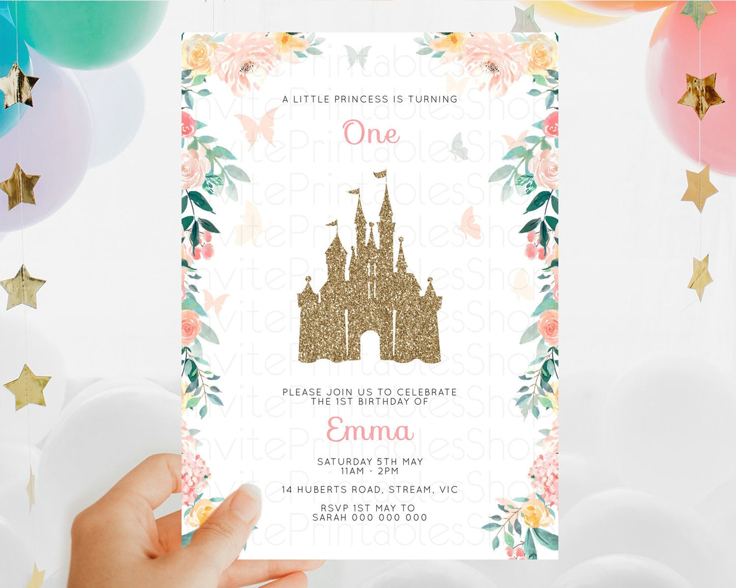 Princess Birthday Invitation Castle Invitation Royal Birthday Fairy Tale Enchanted Castle Pastel Floral Garden 1st First Birthday D10429