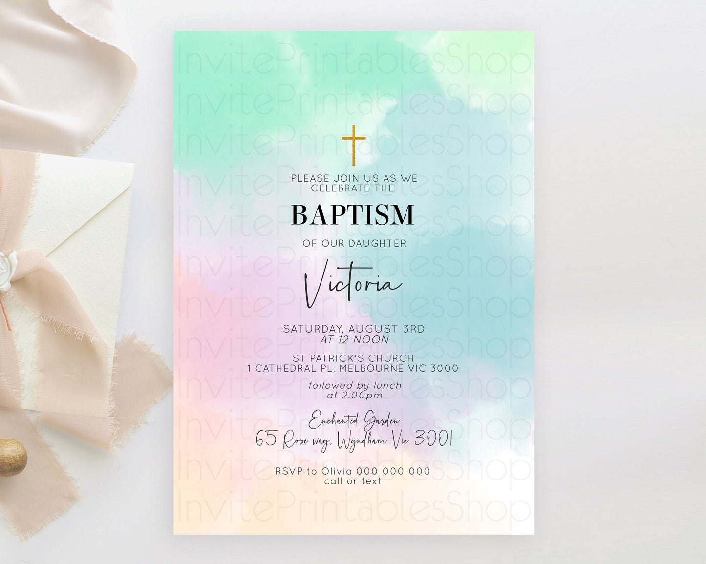 Pastel Baptism Invitation Pastel Colors Watercolor Baptism 1st Birthday Party Gold Ombre Pastel Rainbow Christening Holy Communion D10375