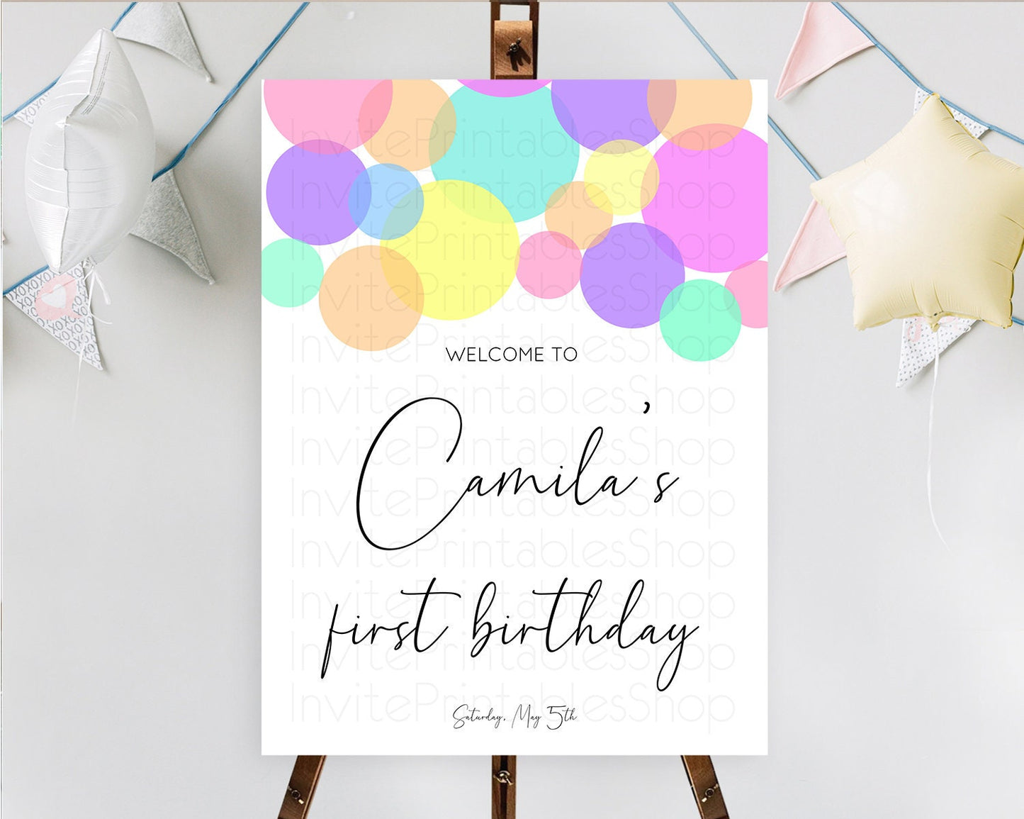 Rainbow Welcome Sign Pastel Welcome Board Pastel Rainbow Confetti Welcome Sign Colorful Bubbles Pastel First Birthday Welcome Sign D10888