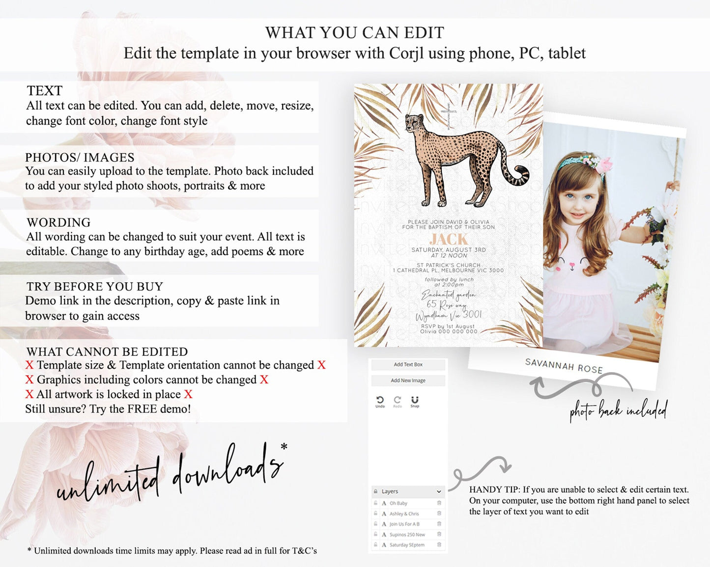 Cheetah Baptism Invitation Cheetah Baptism 1st Birthday Invitation Cheetah Safari Adventure Christening Party Palm Leaf Zoo Cheetah D10291