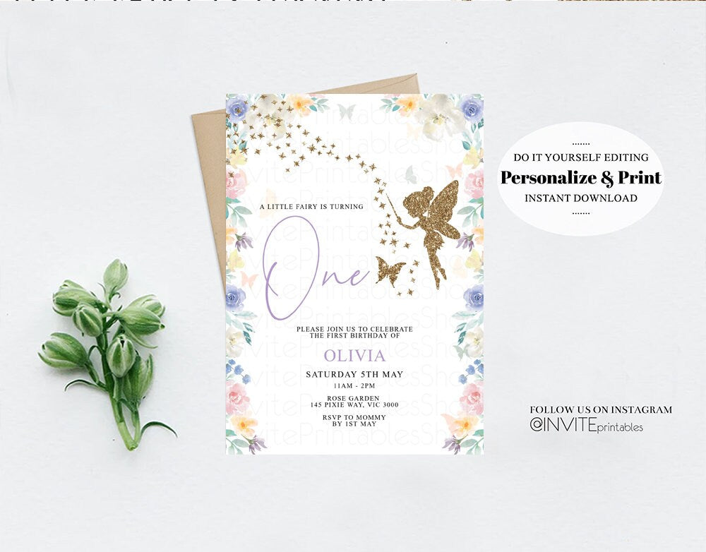 Fairy Birthday Invitation Enchanted Garden Fairy Garden Watercolor Secret Garden Glitter Floral Pastel Pink Blue Yellow Purple Flowers F113