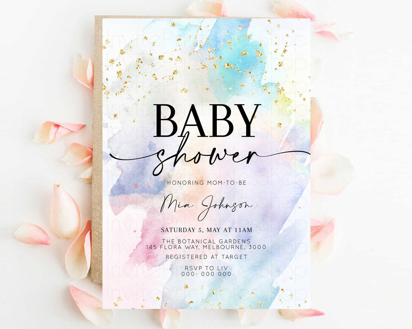 Rainbow Baby Shower Invitation Pastel Baby Sower Invite Colorful Splash Invite Sprinkle Confetti Watercolor Ombre Baby Shower Invite T487