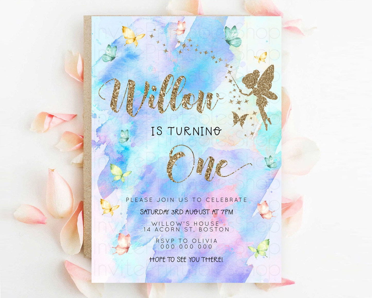 Pastel Fairy Birthday Invitation Pastel Butterflies Fairy Birthday Invitation Rainbow Ombre Watercolor 1st 2nd Birthday Invitation D23339