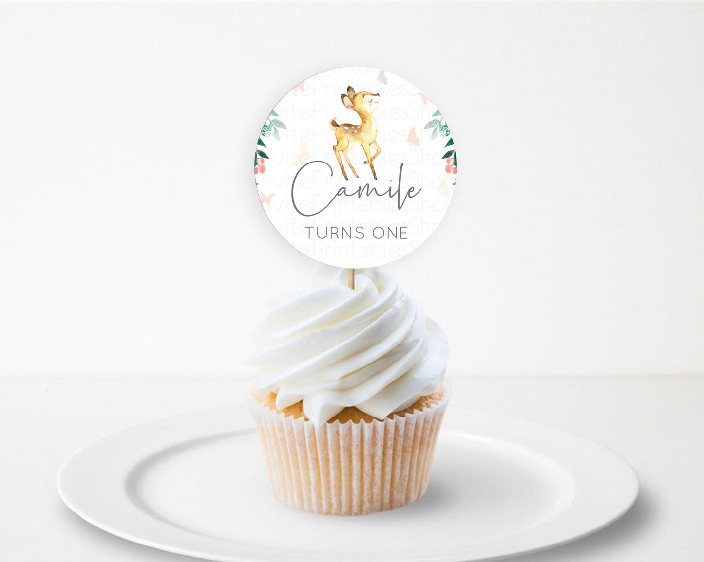 Fawn Cupcake Toppers Deer Cupcake Toppers Enchanted Forest Party Butterfly Pastel Flowers Woofland Cupcake Toppers First Birthday D10753