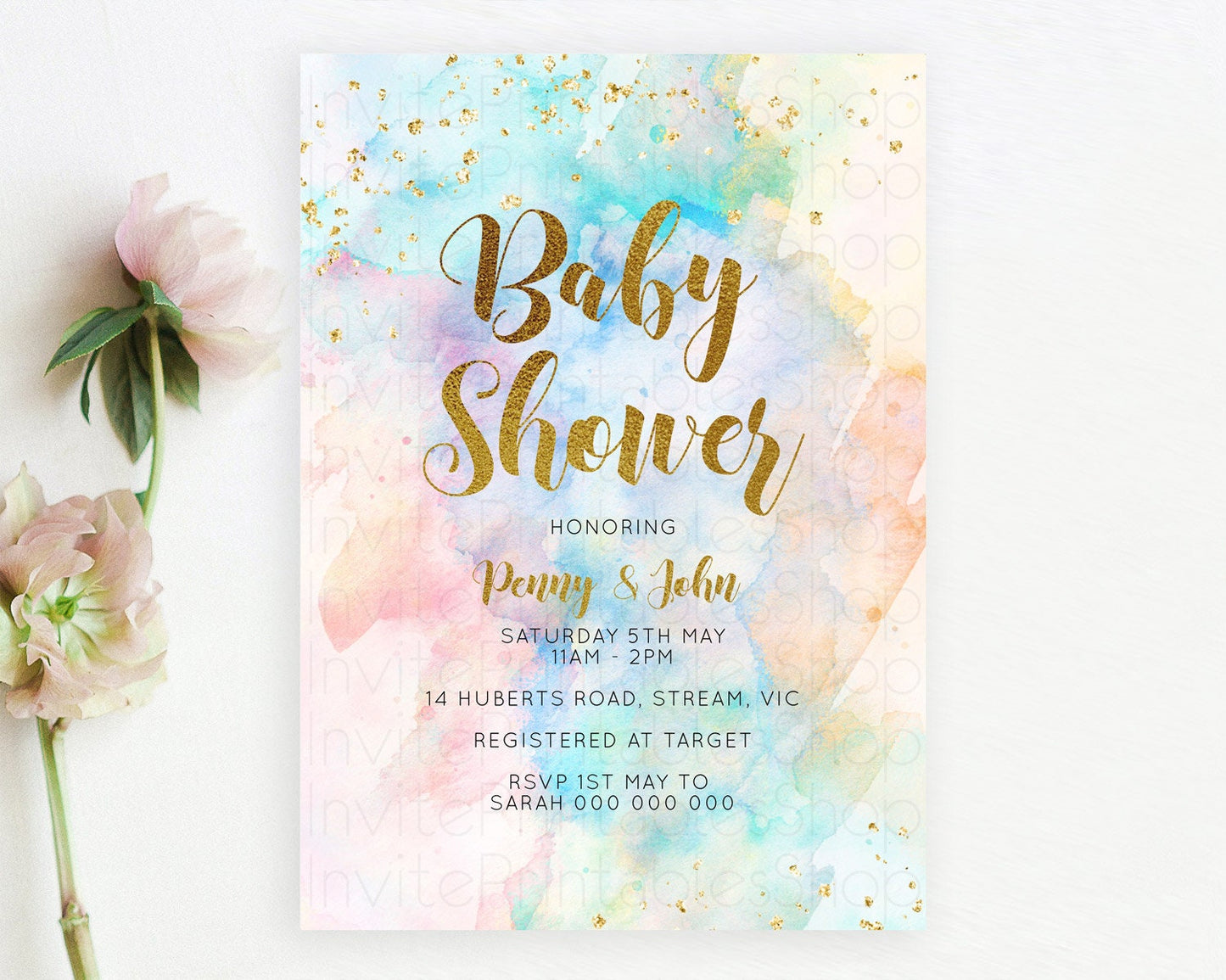 Pastel Baby Shower Invitation Rainbow Baby Shower Invitation Colorful Pastel Watercolor Invitation Gold Glitter Sprinkles Ombre D10272