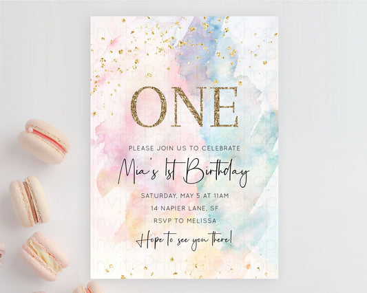Editable Rainbow Birthday Invitation Colorful Pastel Watercolor Invitation G
