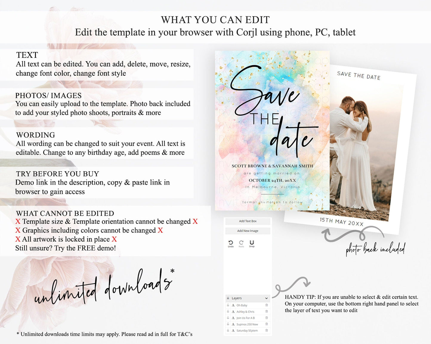 Pastel Save The Date Template Pastel Ombre Rainbow Watercolor Colorful Party For Birthday Baptism Baby Shower Wedding Bridal Shower D10260