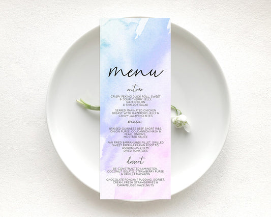 Purple Menu Purple Watercolor Menu Template Pastel Purple Table Décor Purple Watercolor Splash Dinner Dessert Purple Party Food Menu D10165