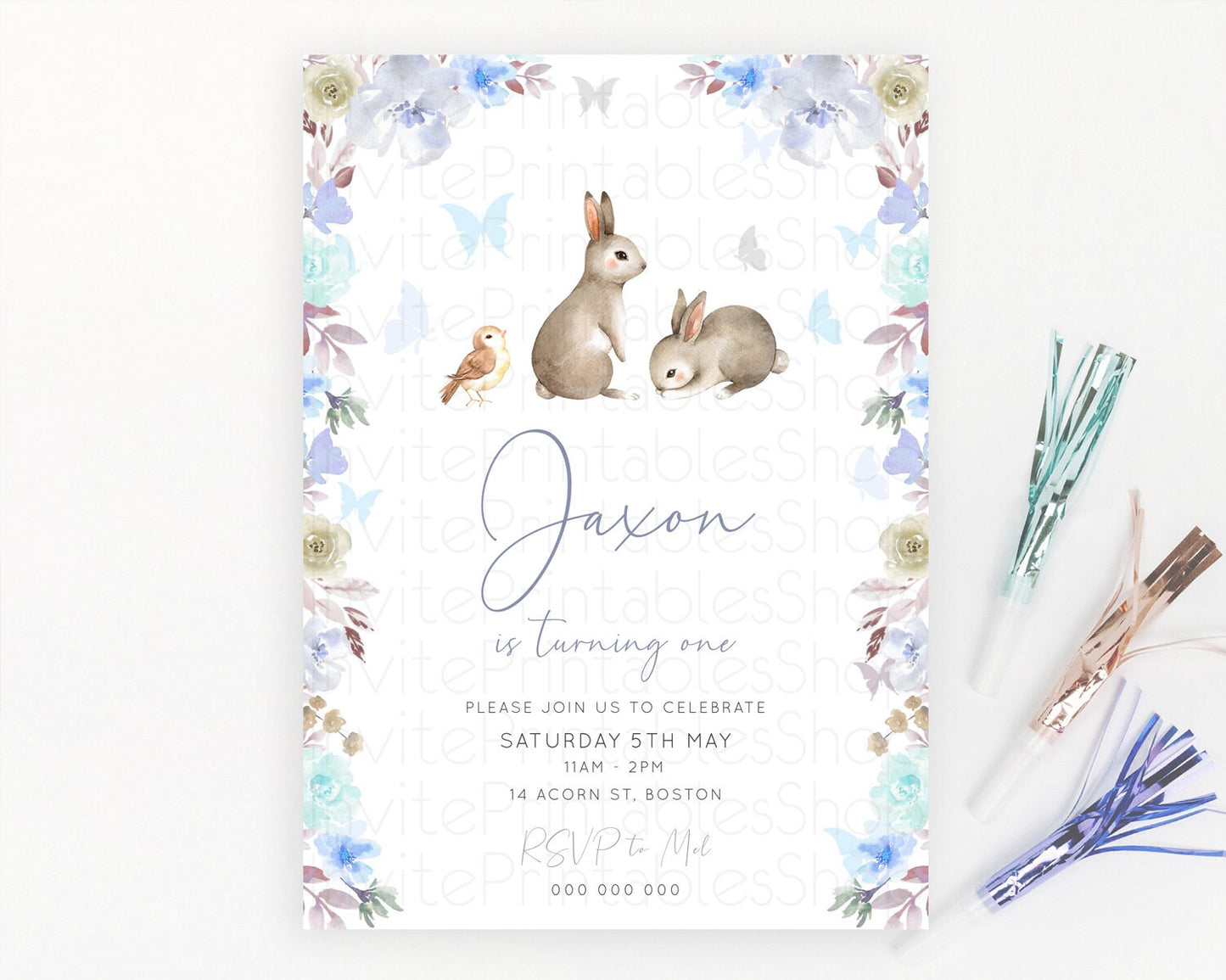 Bunny Birthday Invitation Floral Bunny Invitation Pastel Bunny Invites Pastel Watercolor Woodland Bunny Party 2nd 1st First Birthday D10927