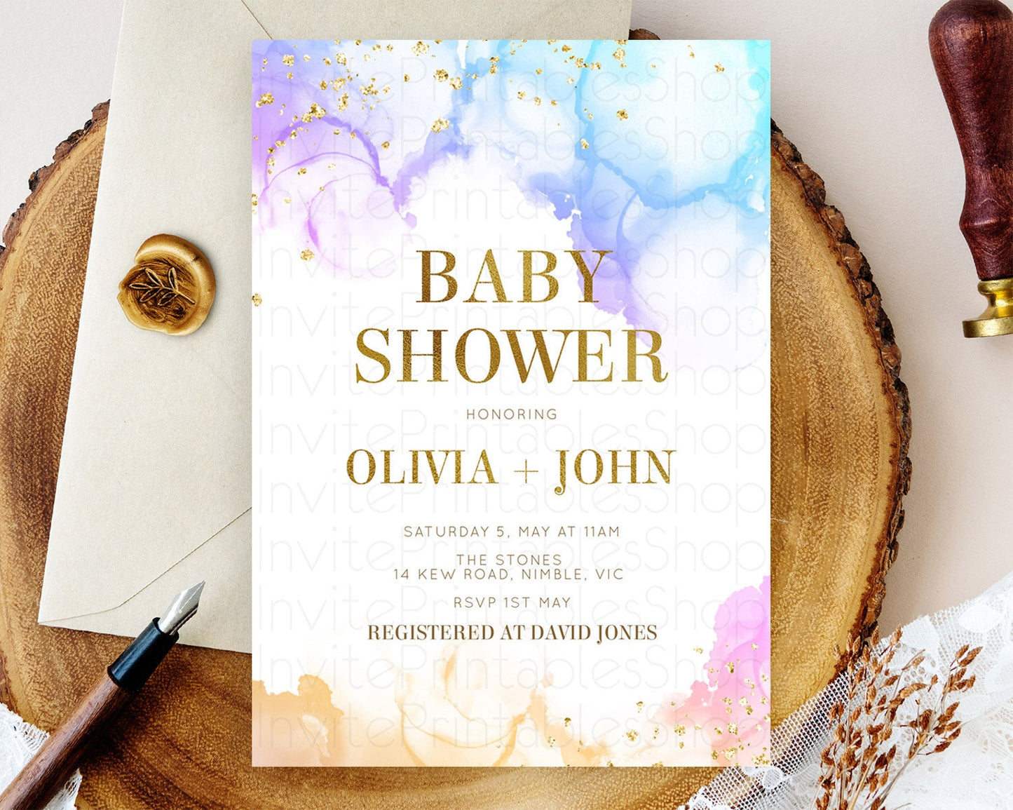 Pastel Baby Shower Invitation Rainbow Baby Shower Invitation Colorful Pastel Watercolor Invitation Gold Glitter Sprinkles Ombre D11018