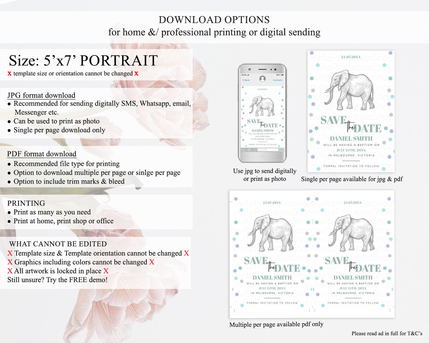 Elephant Save The Date Template Elephant Safari Adventure Party Dried Palm Fern Zoo 1st Birthday Baptism Baby Shower Bridal Shower D10859