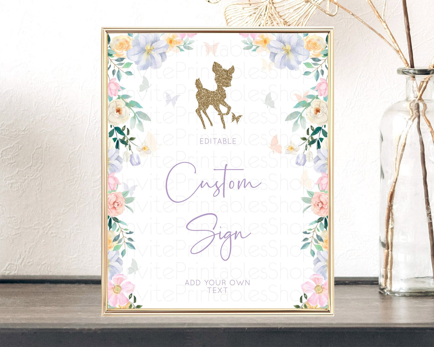 Fawn Deer Sign Pastel Floral Deer Table Sign Decor Enchanted Forest Butterfly Party 1st Birthday Baptism Baby Shower Bridal Shower D10477