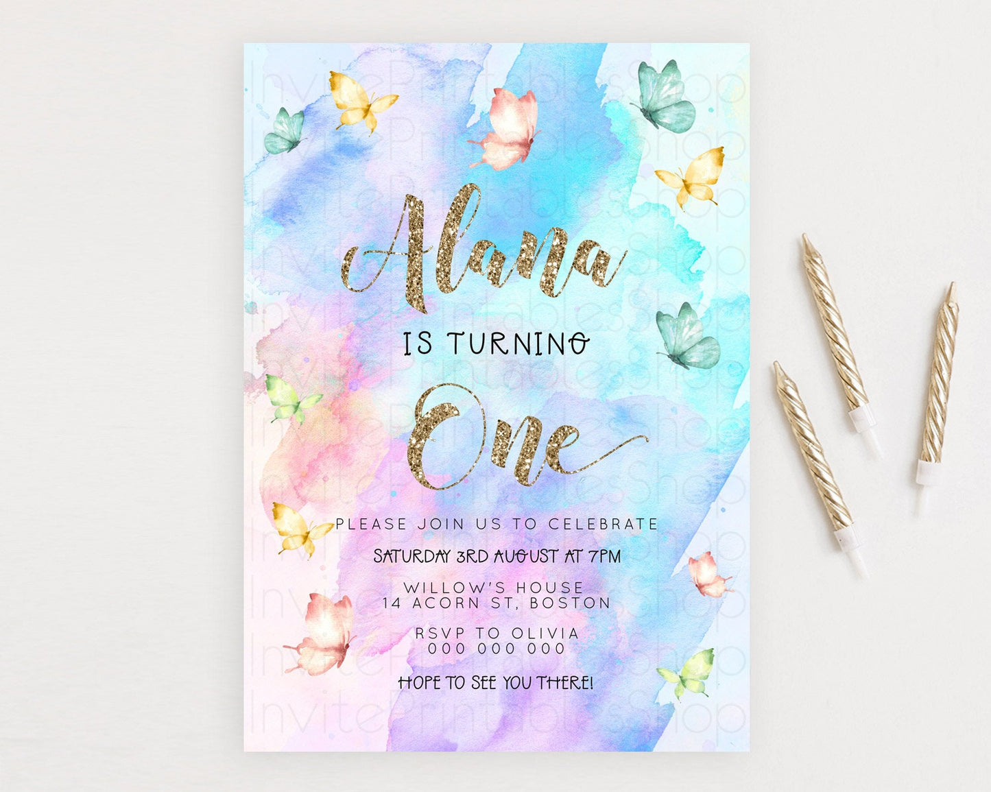 Pastel Butterfly Birthday Invitation Butterfly Birthday Invitation Colorful Splash Glitter Butterfly Garden 1st 2nd Birthday D23246