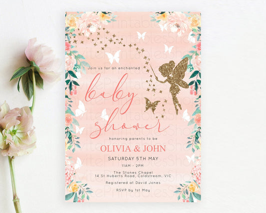 Fairy Baby Shower Invitation, Secret Garden, Fairy Garden Party, Magical Butterflies, Pink Orange Greenery, Floral, Orange Watercolor D10792