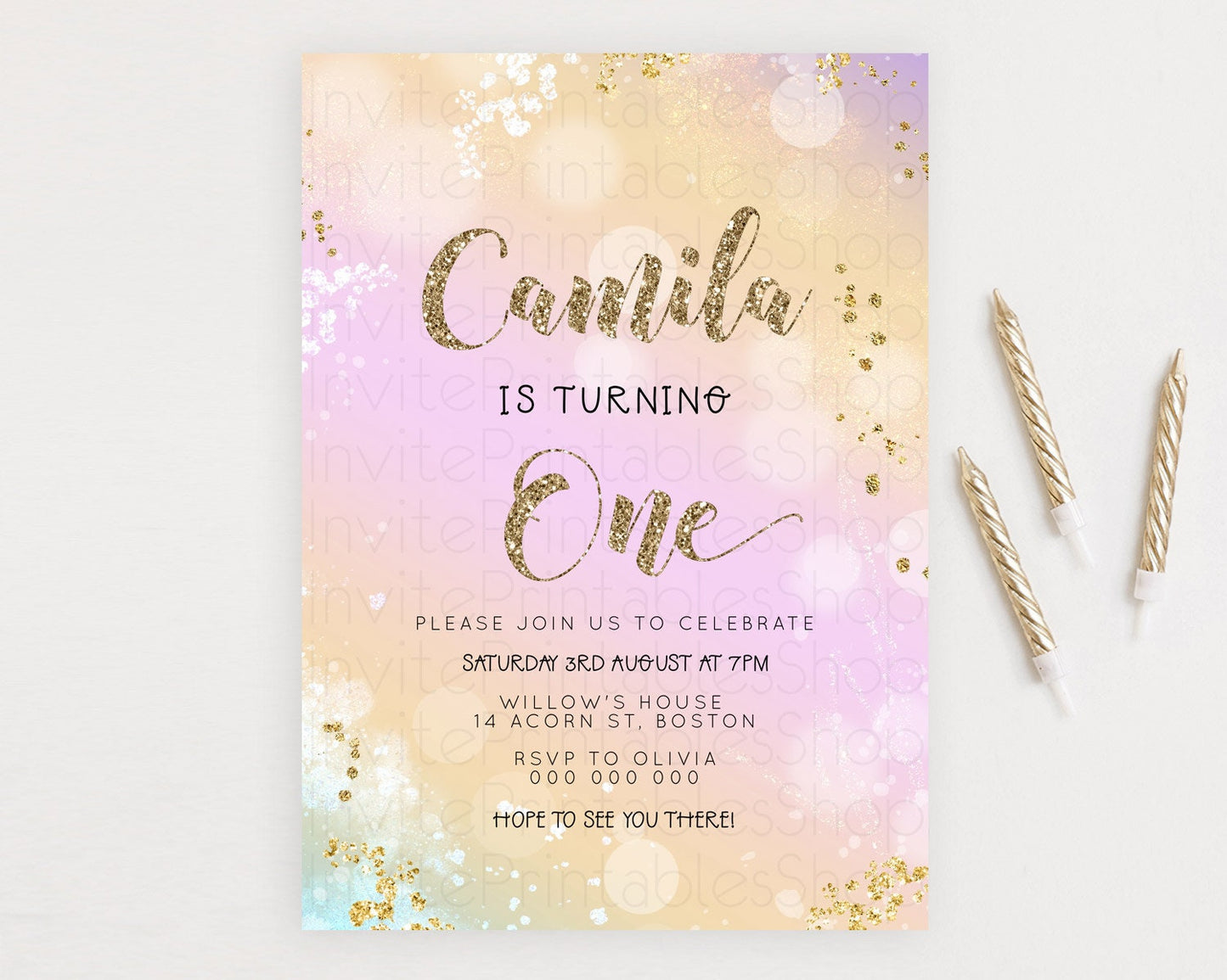 Rainbow Birthday Invitation Colorful Pastel Watercolor Invitation Gold Glitter Sprinkles Ombre Pastel 1st 2nd 3rd Birthday D23122