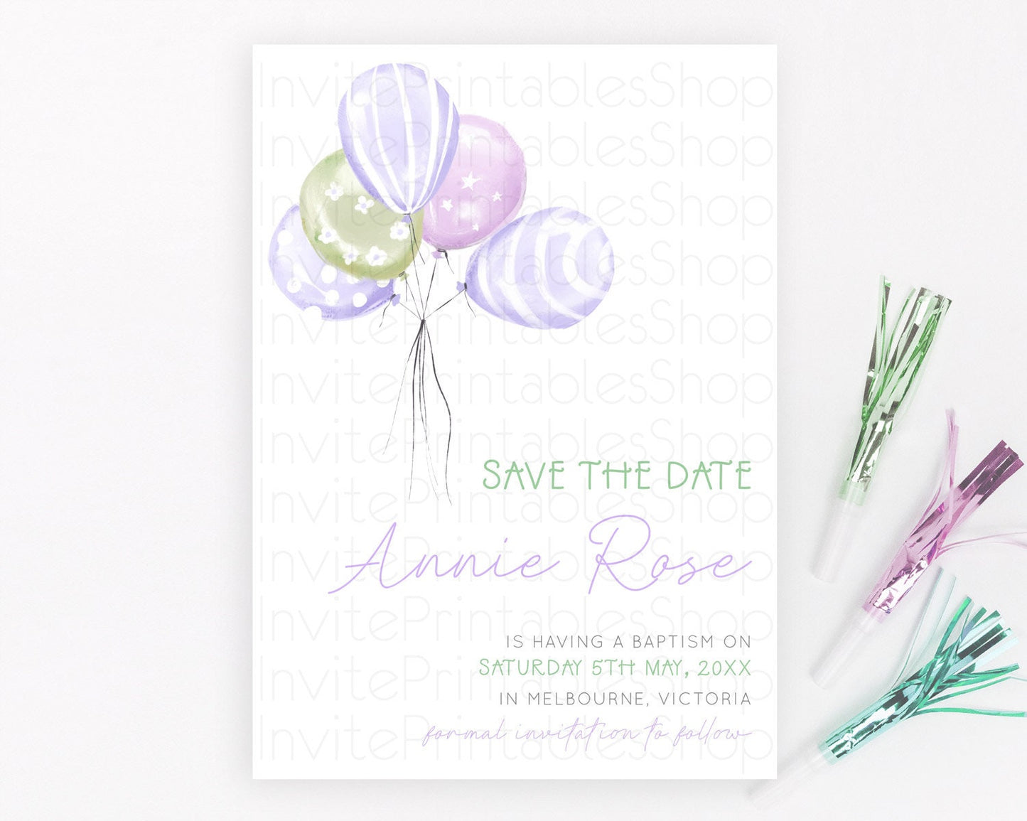 Pastel Balloons Save The Date Rainbow Confetti Balloon Party Colorful Balloon Save The Date Template Birthday Baby Shower Baptism D23103