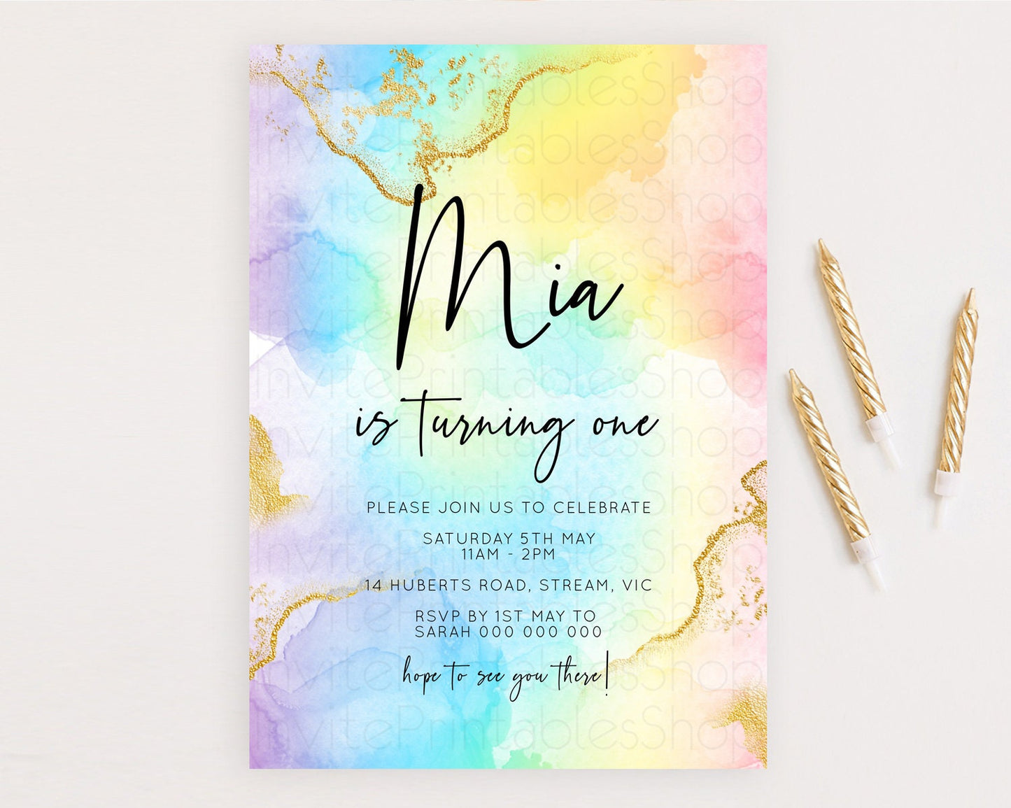 Rainbow Birthday Invitation Colorful Pastel Watercolor Invitation Gold Glitter Sprinkles Ombre Pastel 1st 2nd 3rd Birthday D10588