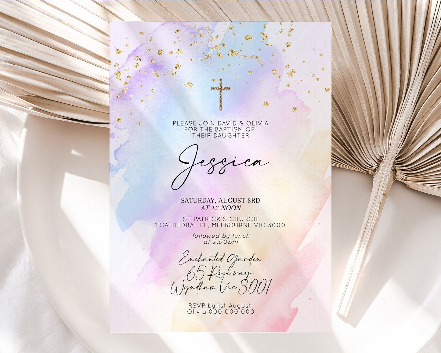 Rainbow Baptism Invitation Pastel Christening Invitation Holy Communion Invitation Glitter Watercolor Splash Invitation Colorful Invite t600