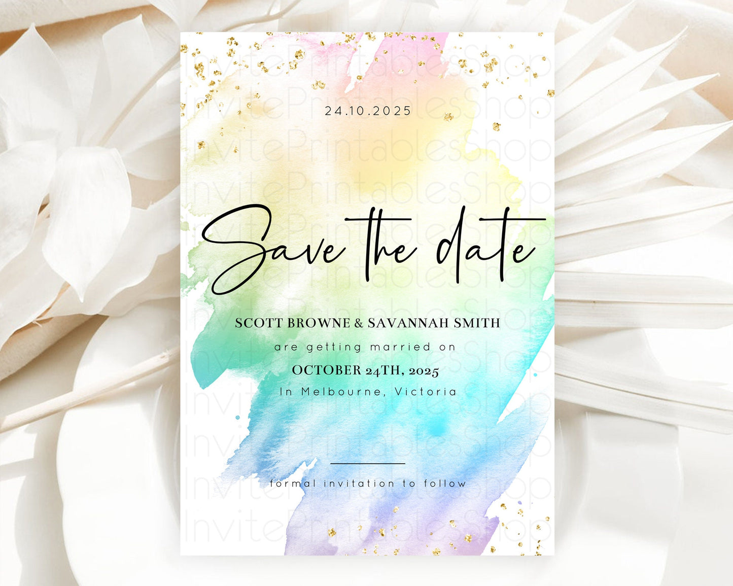 Pastel Save The Date Template Pastel Ombre Rainbow Watercolor Colorful Party For Birthday Baptism Baby Shower Wedding Bridal Shower D10279