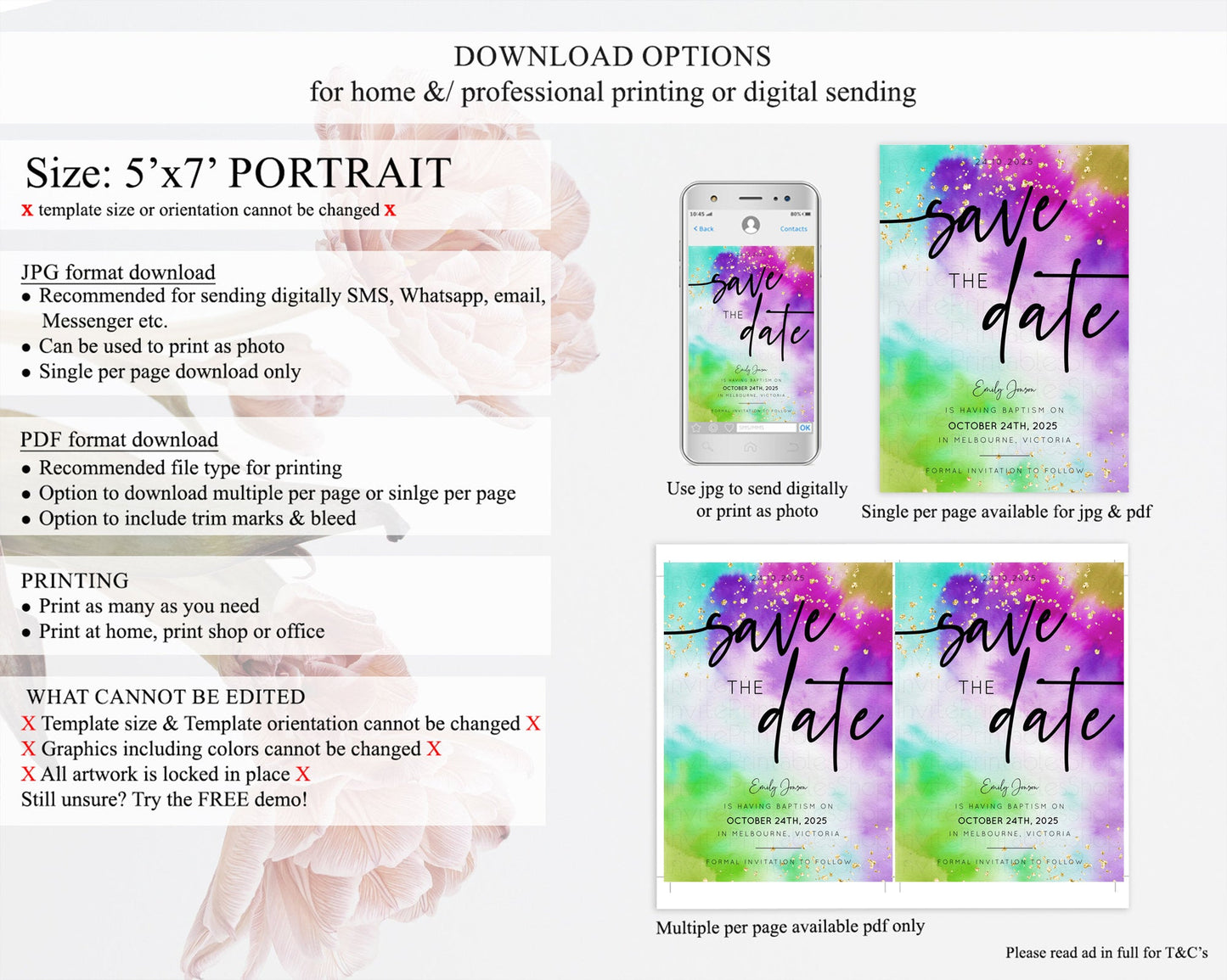 Tie Dye Save The Date Template Rainbow Pastel Ombre Watercolor Party For 1st Birthday Baptism Baby Shower Bridal Shower Wedding D10536