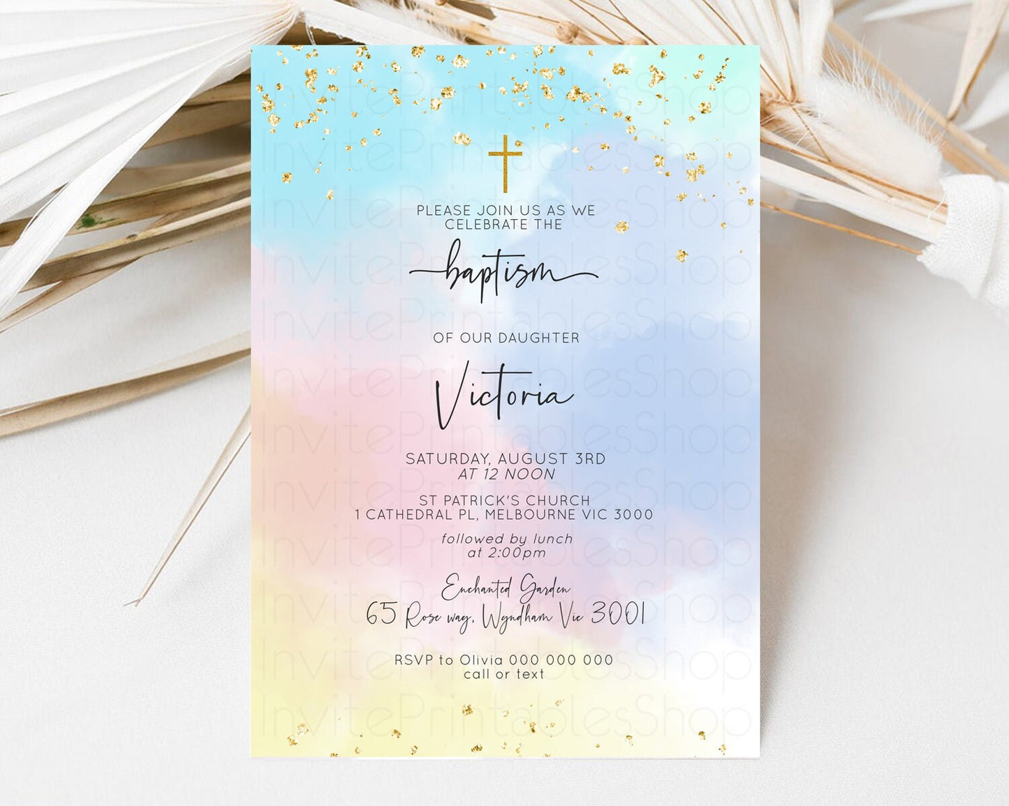 Rainbow Baptism invitation Pastel Rainbow Christening Invite Ombre Watercolor Invite Cloud Gold Sprinkles Splash Cross Religious Invite 446