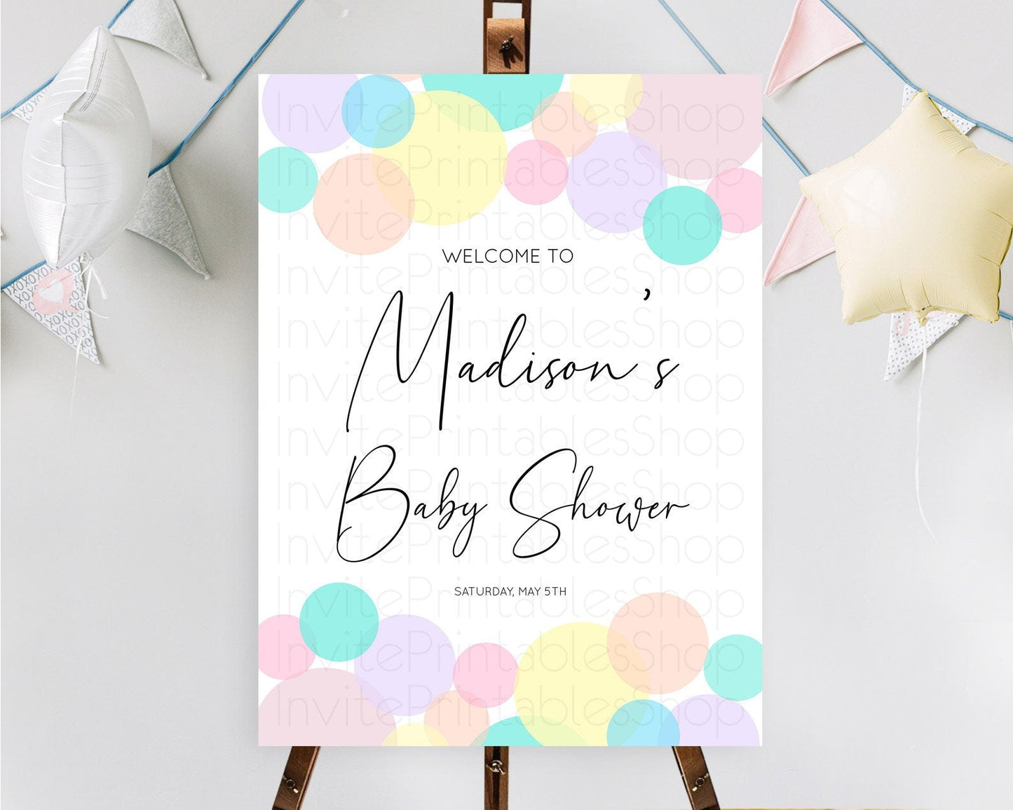 Rainbow Baby Shower Welcome Sign Pastel Welcome Board Pastel Rainbow Confetti Welcome Sign Colorful Bubbles Pastel Welcome Sign D10784
