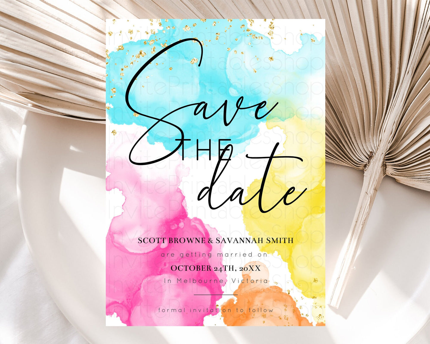 Pastel Save The Date Template Pastel Ombre Rainbow Watercolor Colorful Party For Birthday Baptism Baby Shower Wedding Bridal Shower D10898