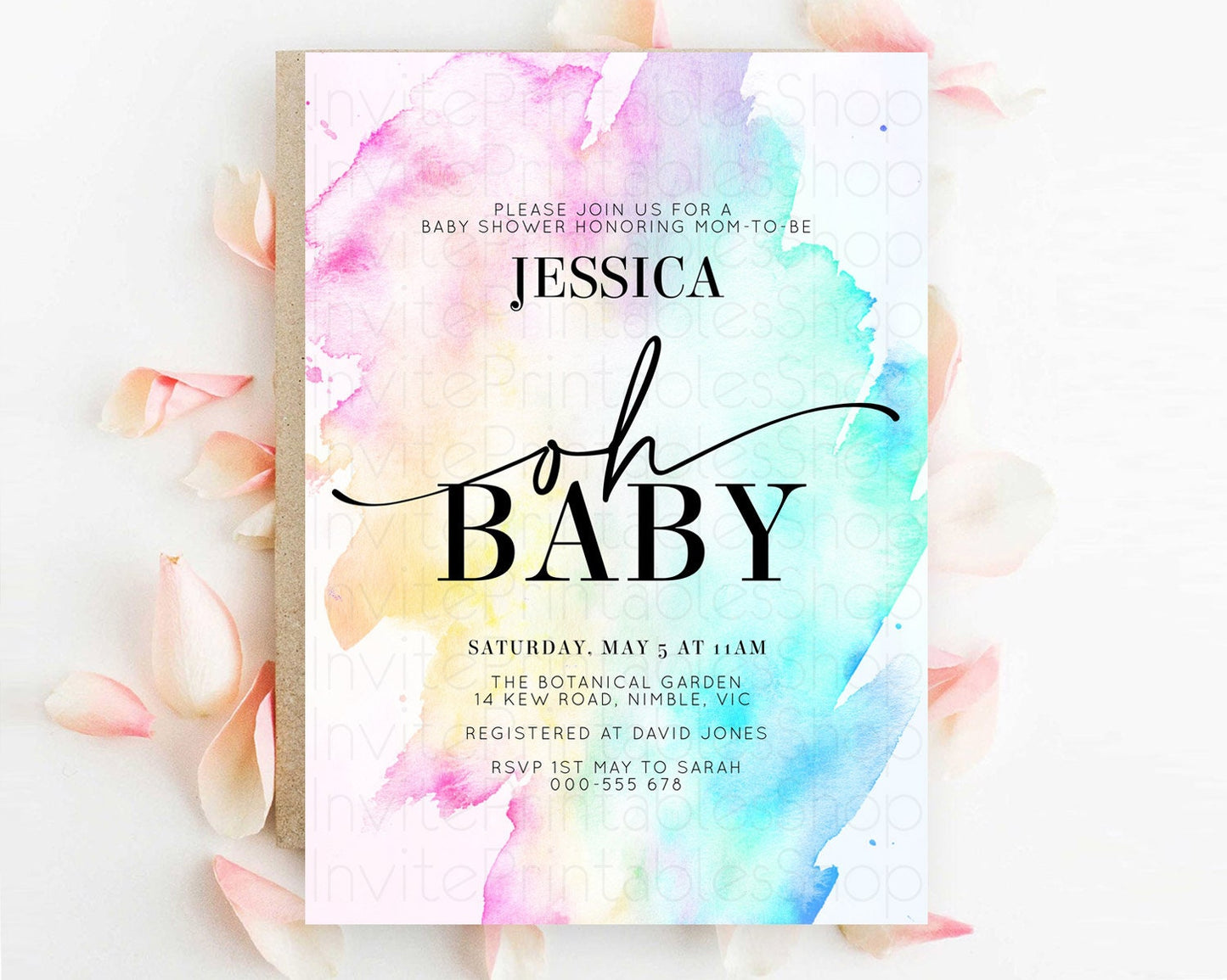 Pastel Baby Shower Invitation Rainbow Baby Shower Invitation Colorful Pastel Watercolor Invitation Gold Glitter Sprinkles Ombre D11020