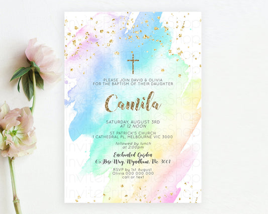 Pastel Baptism Invitation Pastel Colors Watercolor Baptism 1st Birthday Party Gold Ombre Pastel Rainbow Christening Holy Communion D10637