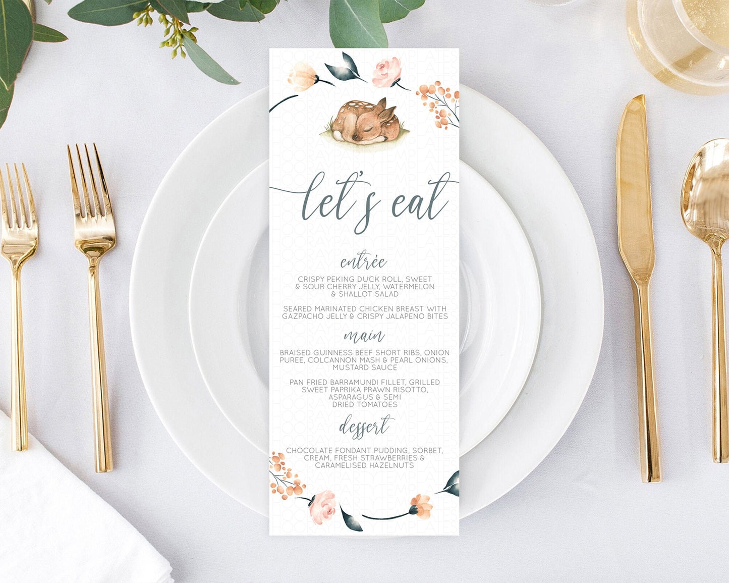 Fawn Menu Deer Menu Template Pastel Floral Deer Table Decor Enchanted Forest Butterfly Floral Dinner Dessert Menu Party Food Menu D10790