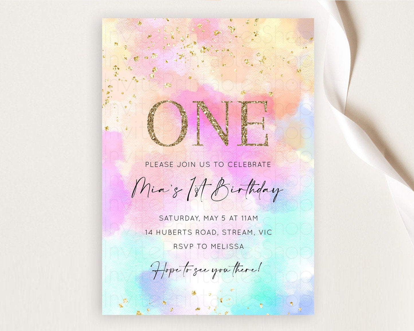 Rainbow Birthday Invitation Colorful Pastel Watercolor Invitation Gold Glitter Sprinkles Ombre Pastel 1st 2nd 3rd Birthday D10667