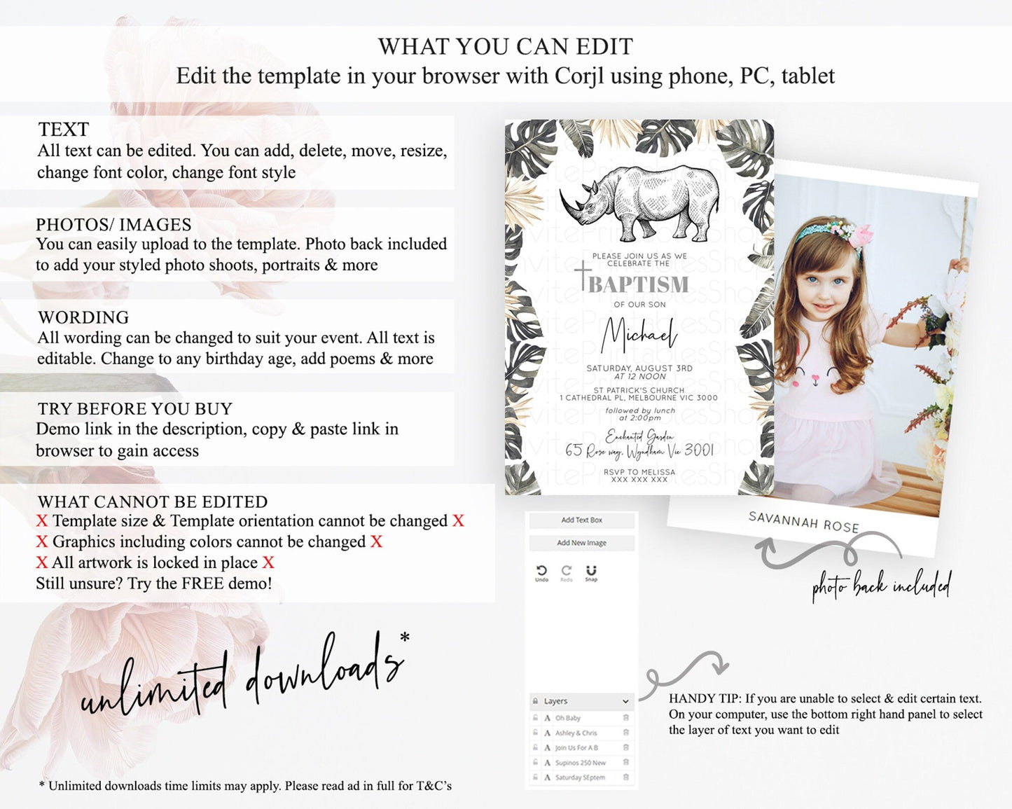 Rhino Baptism Invitation Rhino Baptism 1st Birthday Invitation Rhino Safari Adventure Christening Invitation Palm Leaf Invite Zoo D10826