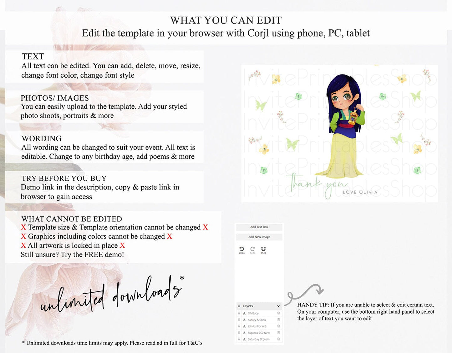 Princess Thank You Castle Thank You Card Secret Garden Birthday Thank You Card Enchanted Castle Pastel Floral Teacher Thank You Card D10350