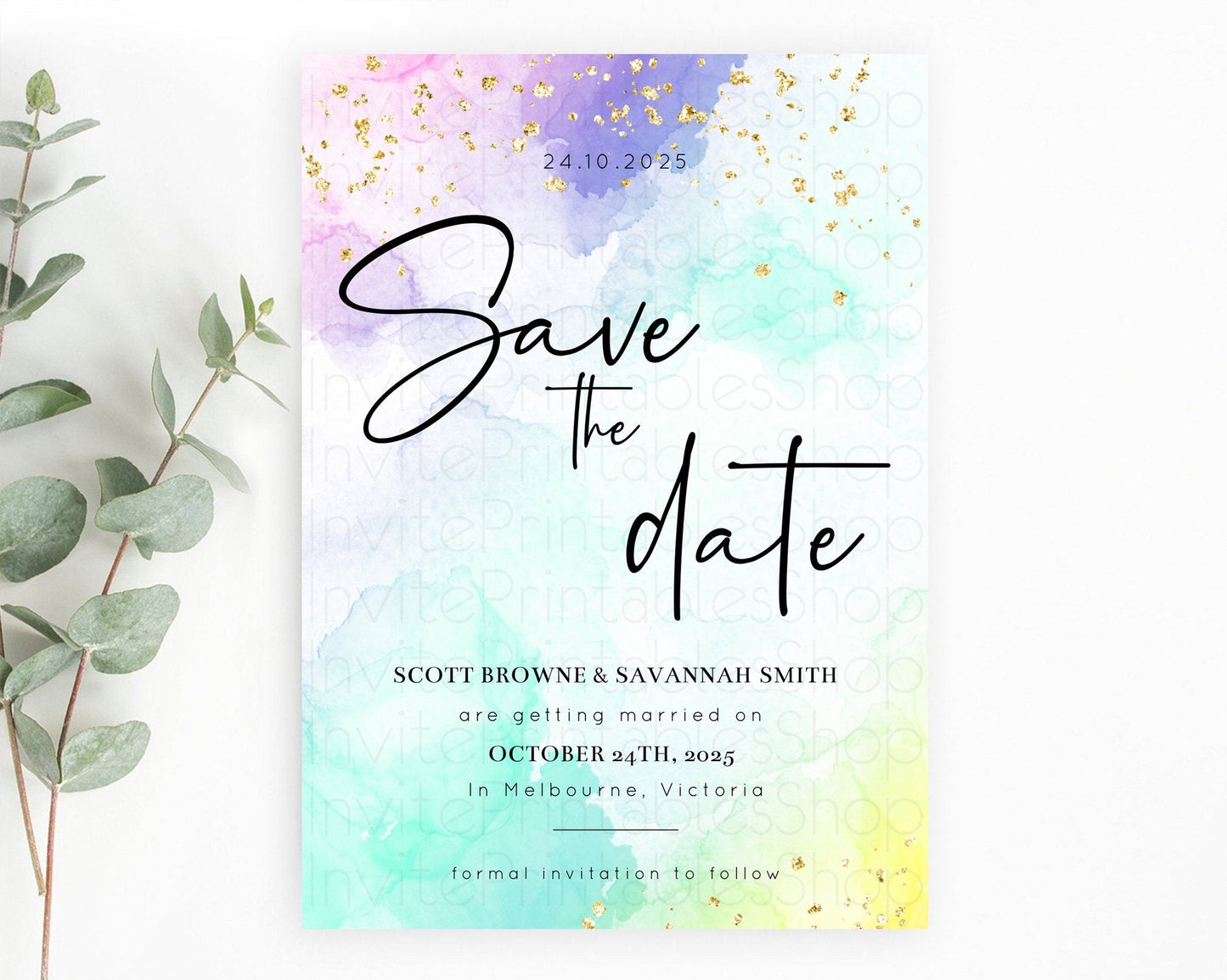 Pastel Save The Date Template Pastel Ombre Rainbow Watercolor Colorful Party For Birthday Baptism Baby Shower Wedding Bridal Shower D10158