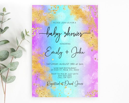 Pastel Baby Shower Invitation Rainbow Baby Shower Invitation Colorful Pastel Watercolor Invitation Gold Glitter Sprinkles Ombre D10564