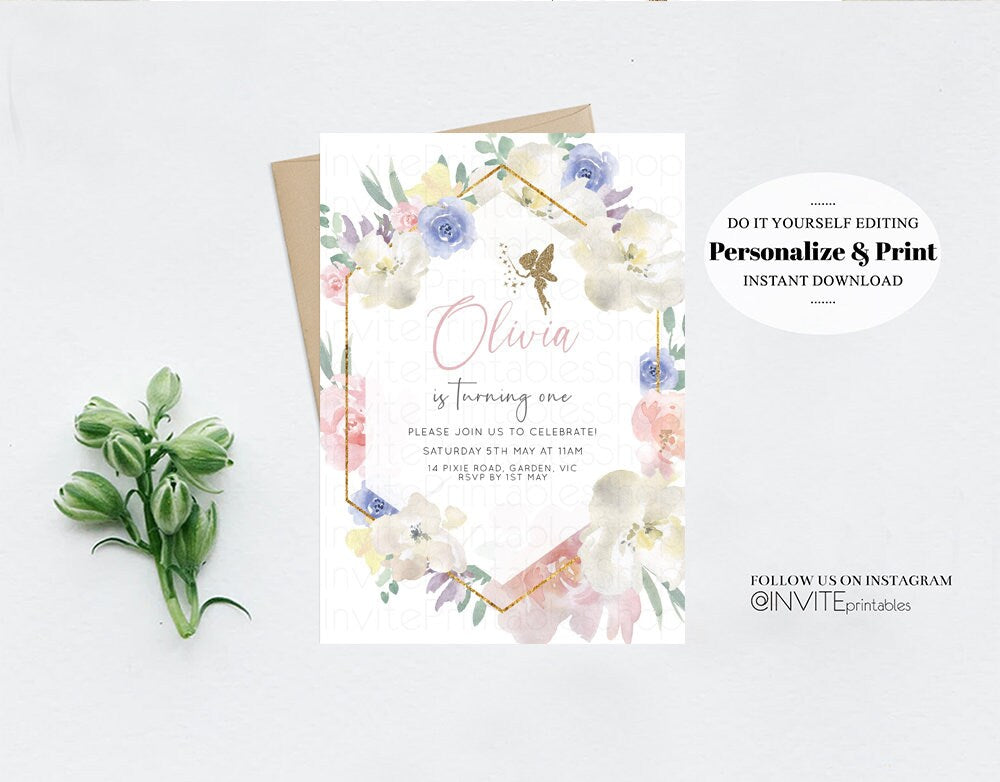 Fairy Birthday Invitation Enchanted Garden Fairytale Watercolor Glitter Floral Pastel Pink Blue Yellow Flowers Template