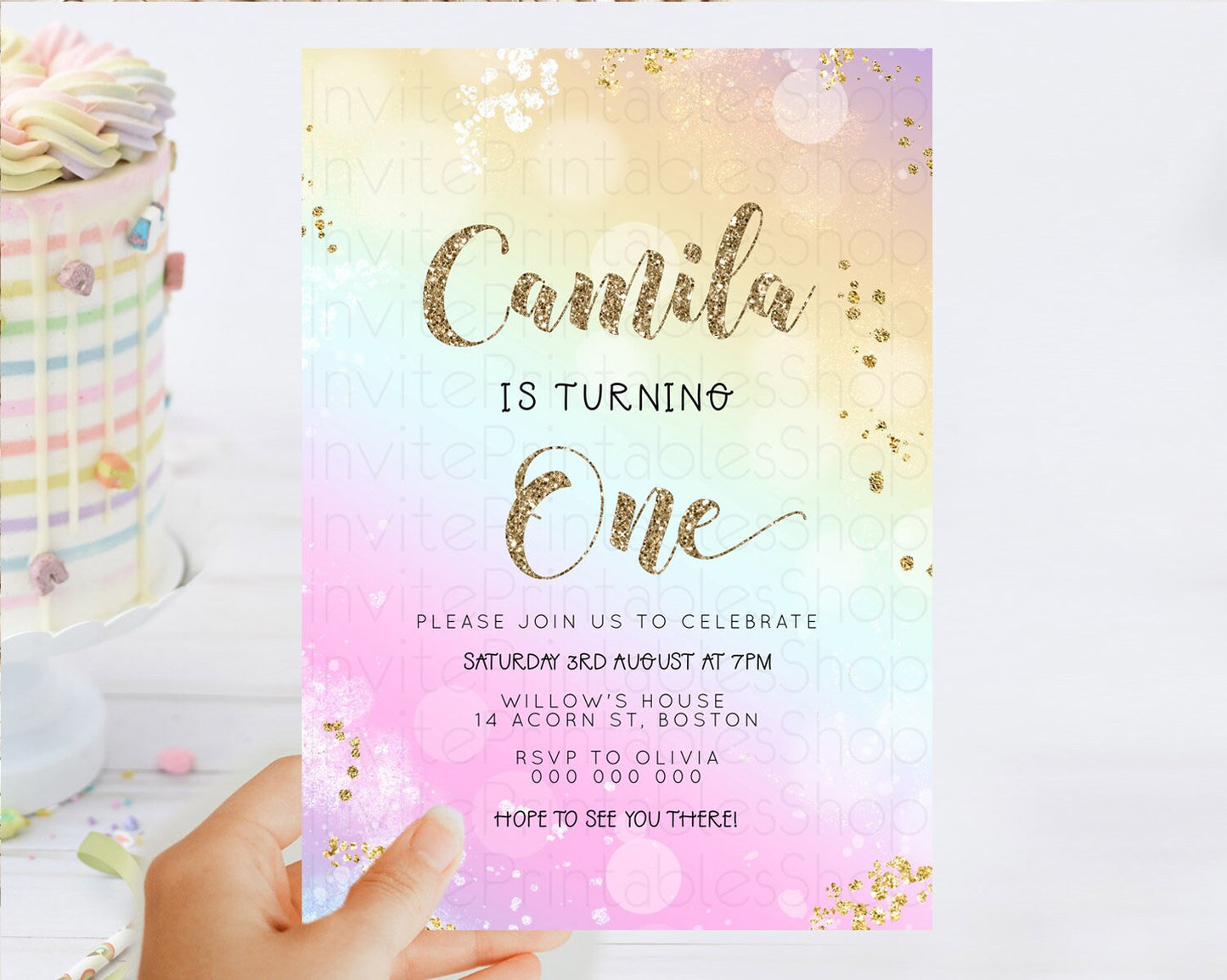 Rainbow Birthday Invitation Colorful Pastel Watercolor Invitation Gold Glitter Sprinkles Ombre Pastel 1st 2nd 3rd Birthday D23120