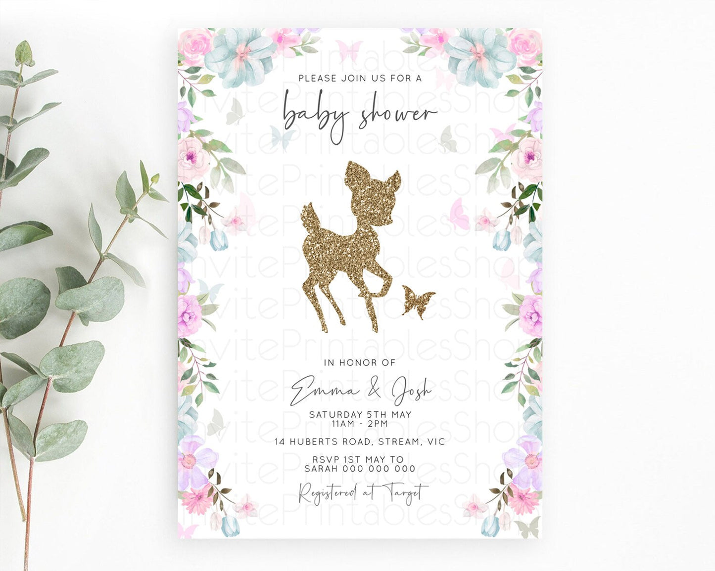 Fawn Baby Shower Invitation Deer Baby Shower Invites Enchanted Forest Theme Butterfly Pastel Flowers Whimsical Baby Shower D10476