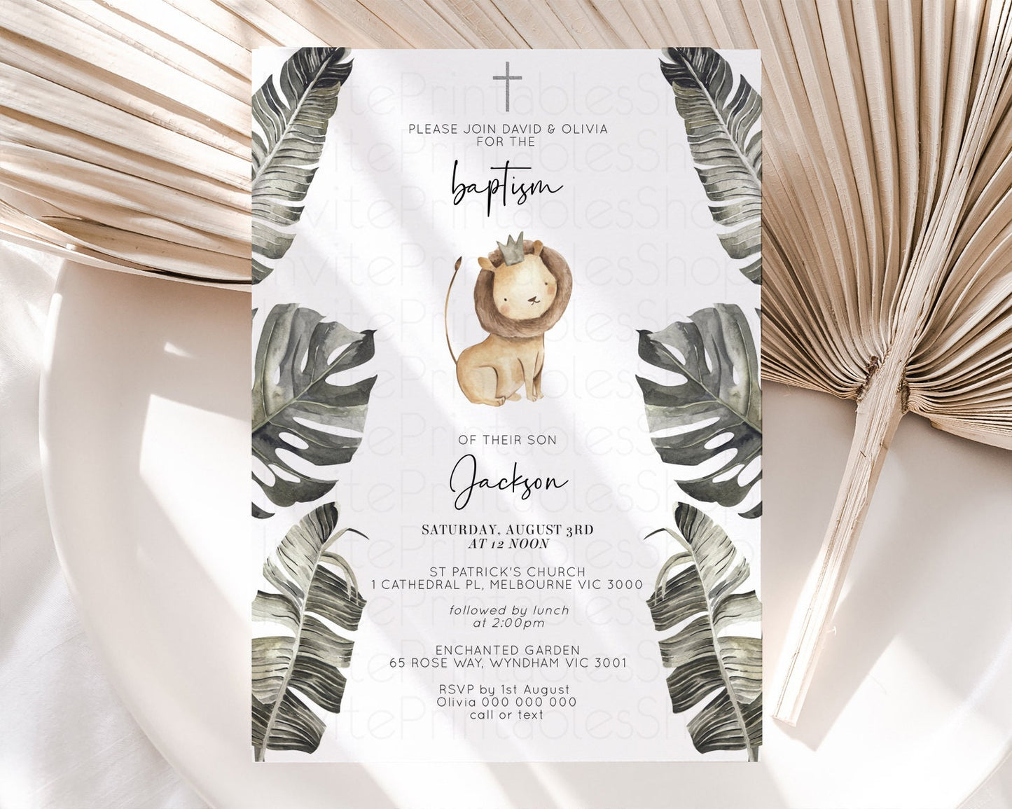 Cute Lion Baptism Invitation Baby Lion Cub Christening Invitation Watercolor Safari Jungle Baby Lion Palm Leaf Holy Communion 584