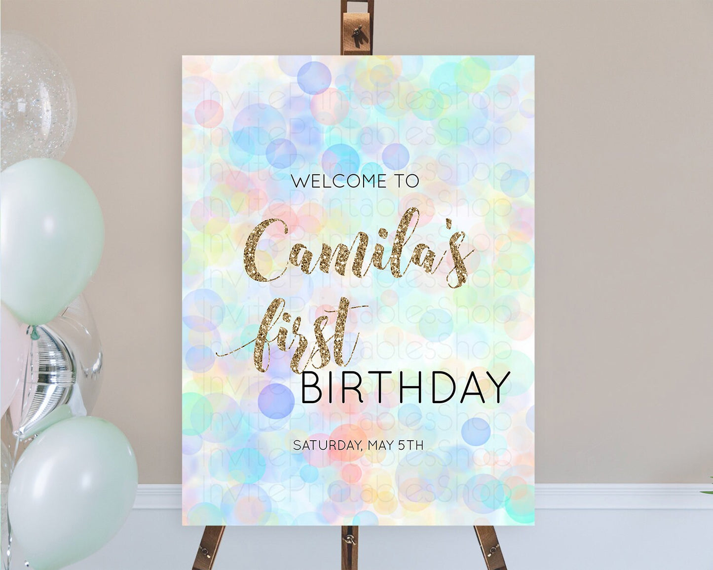 Pastel Welcome Sign Bubble Bath Birthday Party Rainbow Welcome Board Pastel Bubbles Colorful Confetti First Birthday Welcome Sign D10447