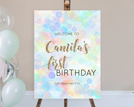 Pastel Welcome Sign Bubble Bath Birthday Party Rainbow Welcome Board Pastel Bubbles Colorful Confetti First Birthday Welcome Sign D10447