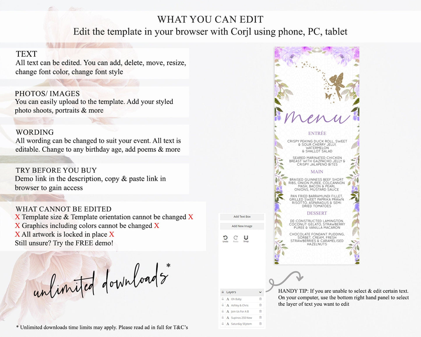 Fairy Menu Fairy Menu Template Enchanted Garden Pastel Floral Butterfly Table Decor Fairy Secret Garden Dinner Dessert Food Menu D10910