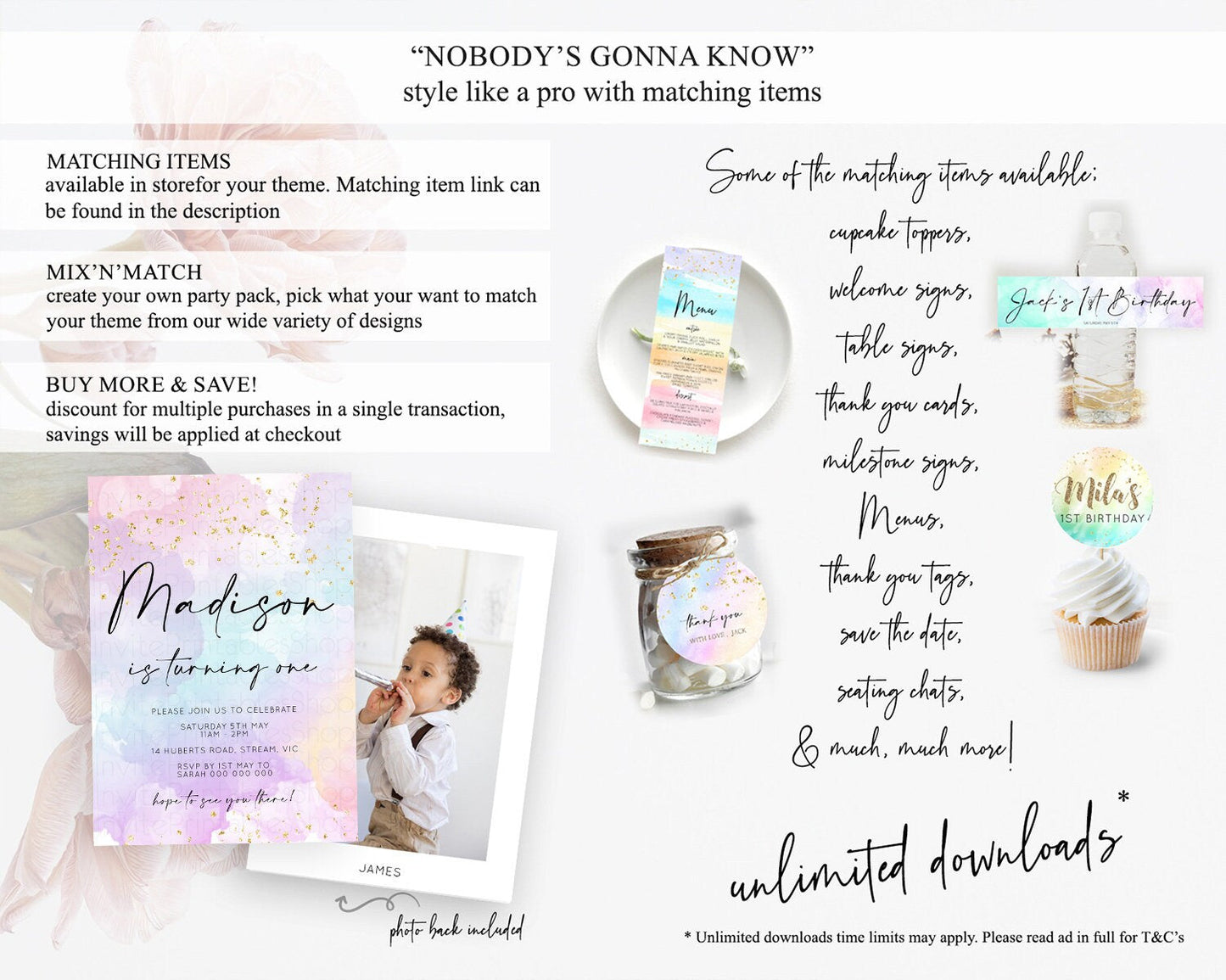 Rainbow Birthday Invitation Colorful Pastel Watercolor Invitation Gold Glitter Sprinkles Ombre Pastel 1st 2nd 3rd Birthday D10623