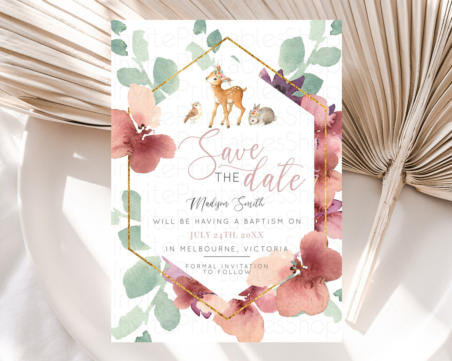 Fawn Deer Save The Date Template Pastel Floral Deer Enchanted Forest Butterfly Party 1st Birthday Baptism Baby Shower Bridal Shower D10913