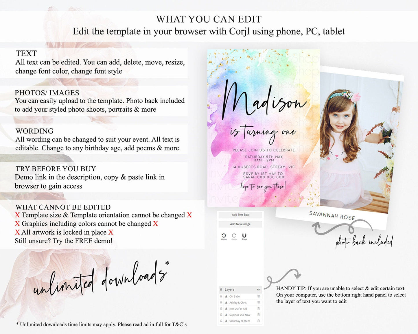 Rainbow Birthday Invitation Colorful Pastel Watercolor Invitation Gold Glitter Sprinkles Ombre Pastel 1st 2nd 3rd Birthday D10449