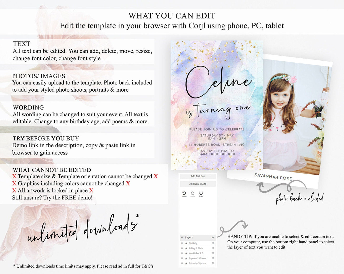 Rainbow Birthday Invitation Colorful Pastel Watercolor Invitation Gold Glitter Sprinkles Ombre Pastel 1st 2nd 3rd Birthday D10585