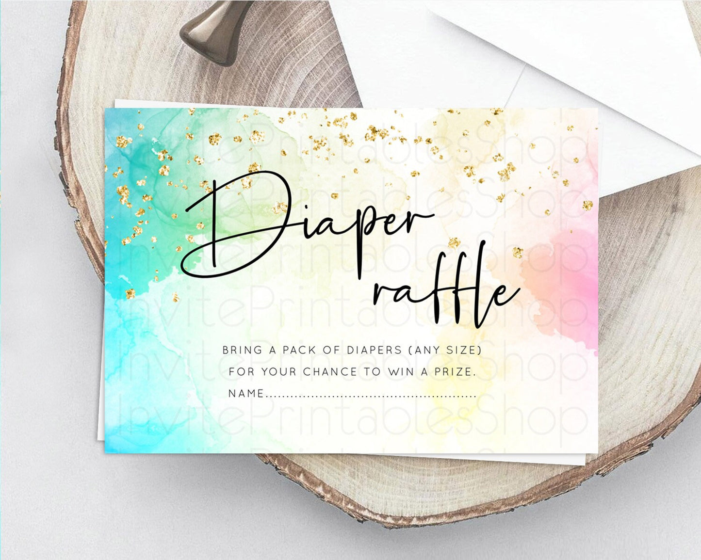 Pastel Diaper Raffle Card Pastel Rainbow Diaper Raffle Insert Colorful Ombre Watercolor Diaper Ticket Confetti Glitter Raffle Game D10151