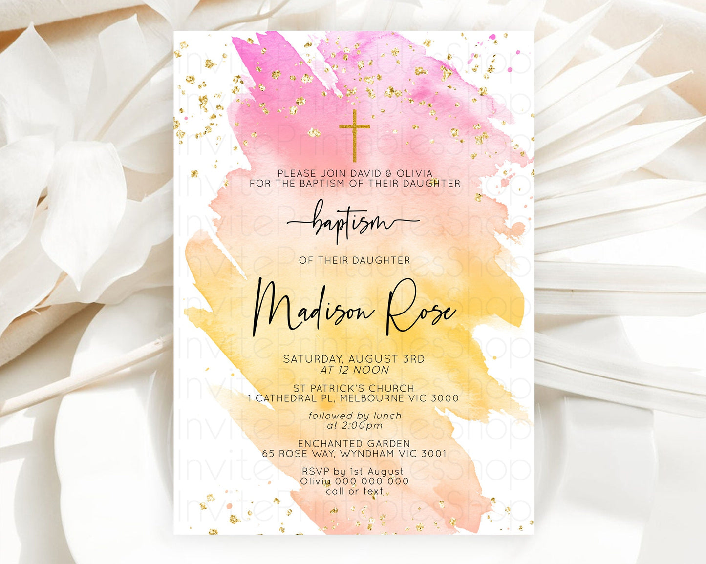 Pastel Baptism Invitation Pastel Colors Watercolor Baptism 1st Birthday Party Gold Ombre Pastel Rainbow Christening Holy Communion D10526