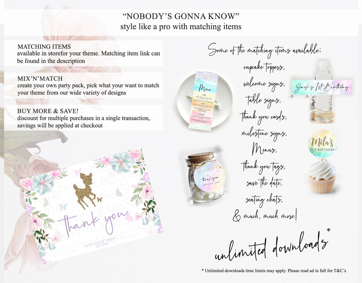 Fawn Thank You Deer Thank You Card Pastel Floral Deer Birthday Thank You Card Enchanted Forest Butterfly Deer Teacher Thank You Card D10476